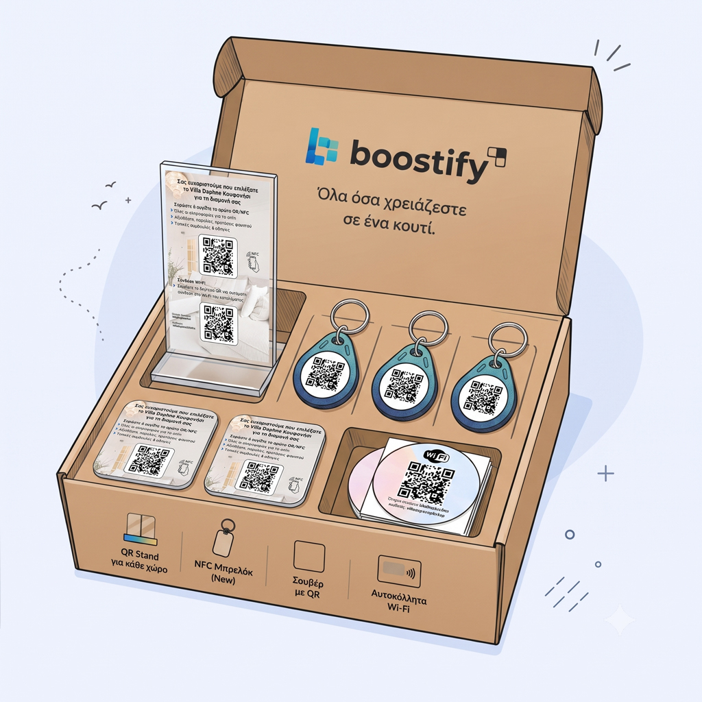 smart box Boostify — QR Stand, NFC μπρελόκ, σουβέρ και αυτοκόλλητα Wi-Fi